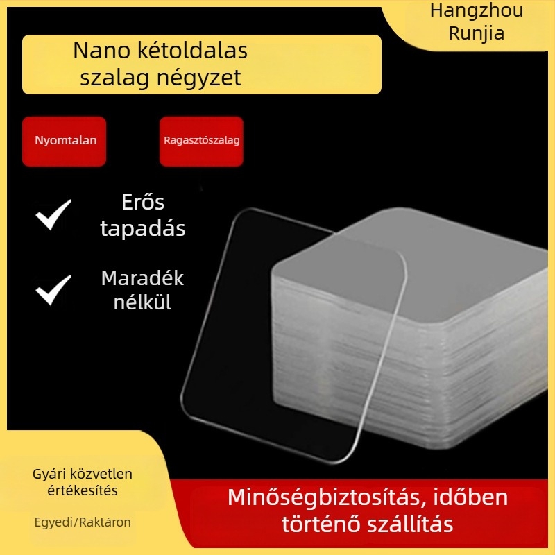 Átlátszó akril nano szalag, kétoldalas ragasztó, erős tapadás, nyom nélkül eltávolítható, ideális kábelek, autópadlók és csúszásmentes felületek rögzítésére.