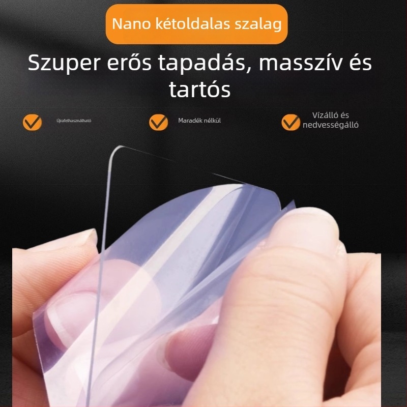 Átlátszó akril nano szalag, kétoldalas ragasztó, erős tapadás, nyom nélkül eltávolítható, ideális kábelek, autópadlók és csúszásmentes felületek rögzítésére.