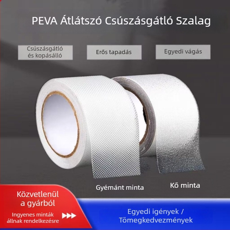 Átlátszó PEVA csúszásgátló szalag fürdőszobába, kádhoz, csempéhez, lépcsőkhöz és padlóhoz; öntapadós, vízálló, PVC hátlap, 0,8 mm vastagság.