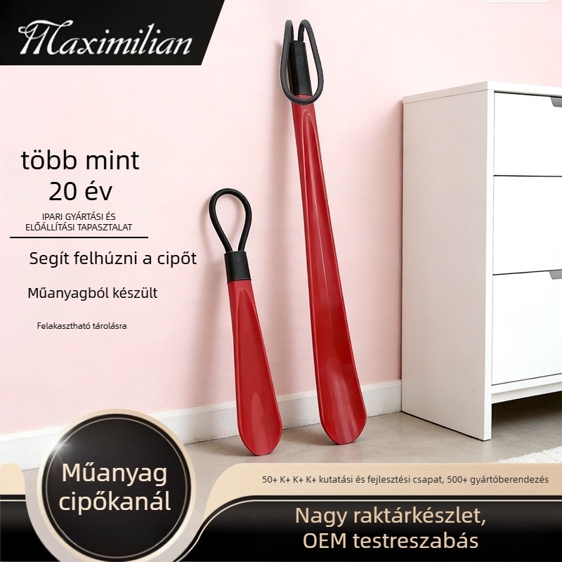 Műanyag cipőkanál hosszú nyéllel, akasztó kialakítás, ápolási segéd