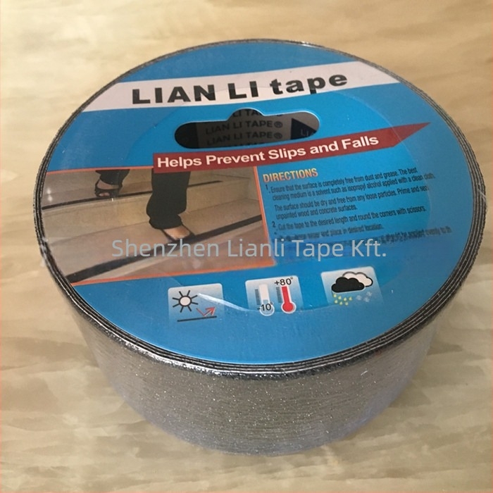 LL-10R65 PET csúszásmentes szalag lépcsőkhöz és padlókhoz, acél szemcsés felületű textúra, stabilizáció három ragasztó réteggel, vízálló és UV-álló, kopásálló, környezetbarát és nem toxikus, testreszabható feldolgozás