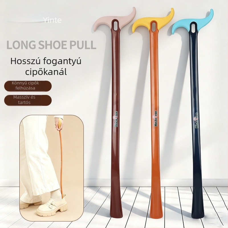 Hosszú nyelű cipőkanál, görbült halvége, műanyag