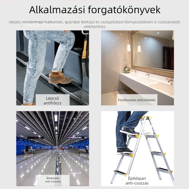 PVC csúszásmentes szalag lépcsőkhöz, vastagság 0,75–0,8 mm, hosszú távú -20–80°C, rövid távú 120°C, lépcsőkhöz alkalmas