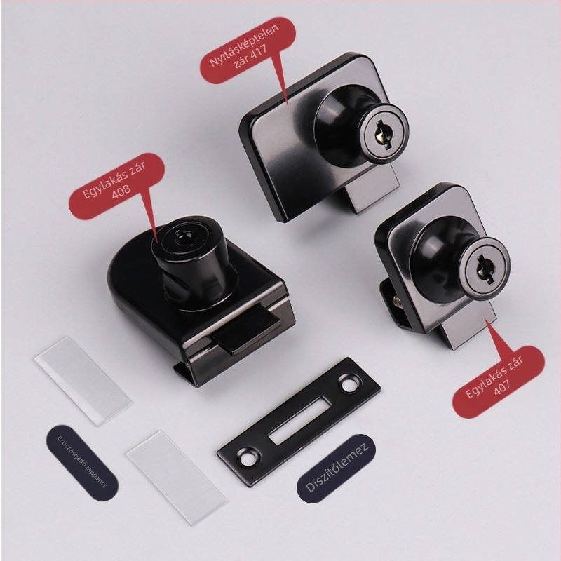 Üveges szekrényzár — modell 407/417; anyag: cinkötvözet; 5–8 mm-es üveghez illeszkedik; stílus: modern egyszerű