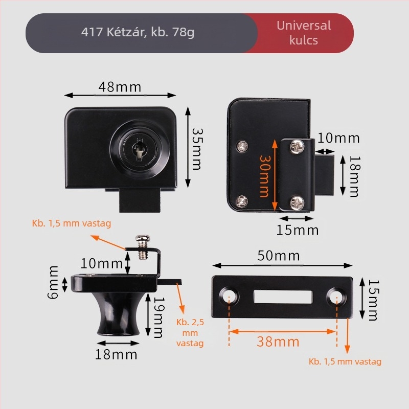 Üveges szekrényzár — modell 407/417; anyag: cinkötvözet; 5–8 mm-es üveghez illeszkedik; stílus: modern egyszerű