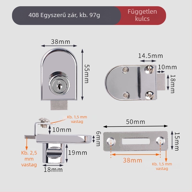 Üveges szekrényzár — modell 407/417; anyag: cinkötvözet; 5–8 mm-es üveghez illeszkedik; stílus: modern egyszerű