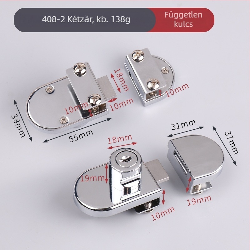 Üveges szekrényzár — modell 407/417; anyag: cinkötvözet; 5–8 mm-es üveghez illeszkedik; stílus: modern egyszerű