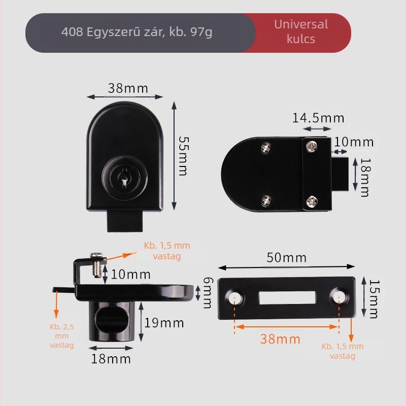 Üveges szekrényzár — modell 407/417; anyag: cinkötvözet; 5–8 mm-es üveghez illeszkedik; stílus: modern egyszerű