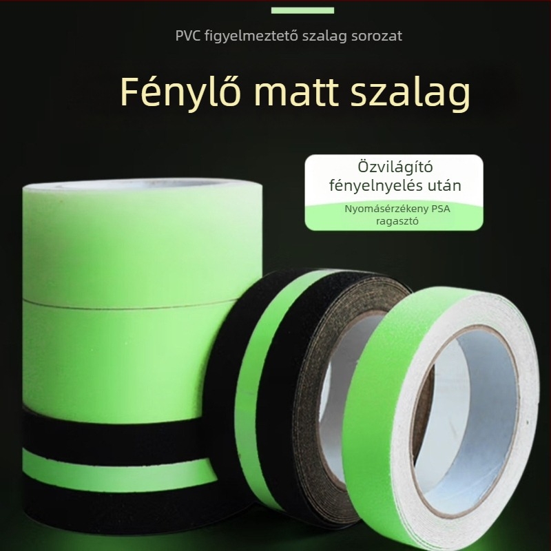 Fénnyel világító anti-slip szalag lépcsőkhöz, PET/PVC alap, 0,85 mm vastagság, akril ragasztó, -20–100°C hőmérséklet-tartomány