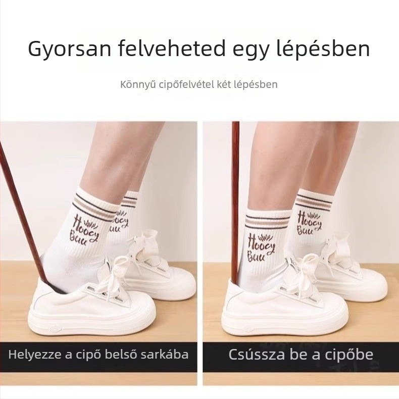 Tömör tölgyfából készült cipőkanál hosszú egyenes nyéllel, háztartási használatra