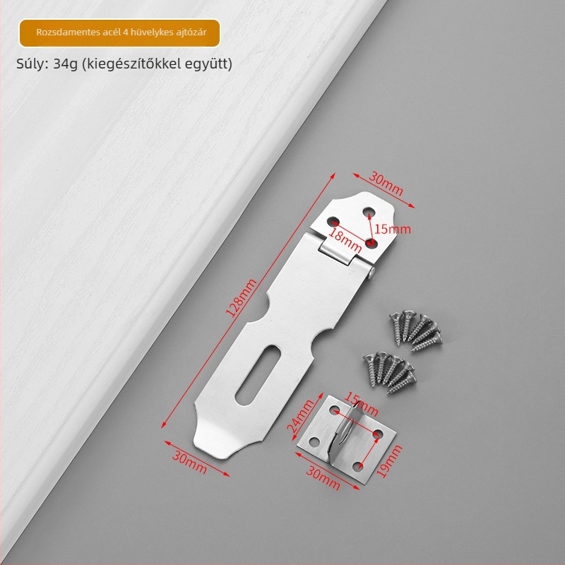 Rozsdamentes acél zárólemez 90°-os derékszögű, összecsukható zár anti-tolvaj ajtókhoz szekrényeknek és szobáknak, modell Yc-stainless steel lock plate, anyag 304/201
