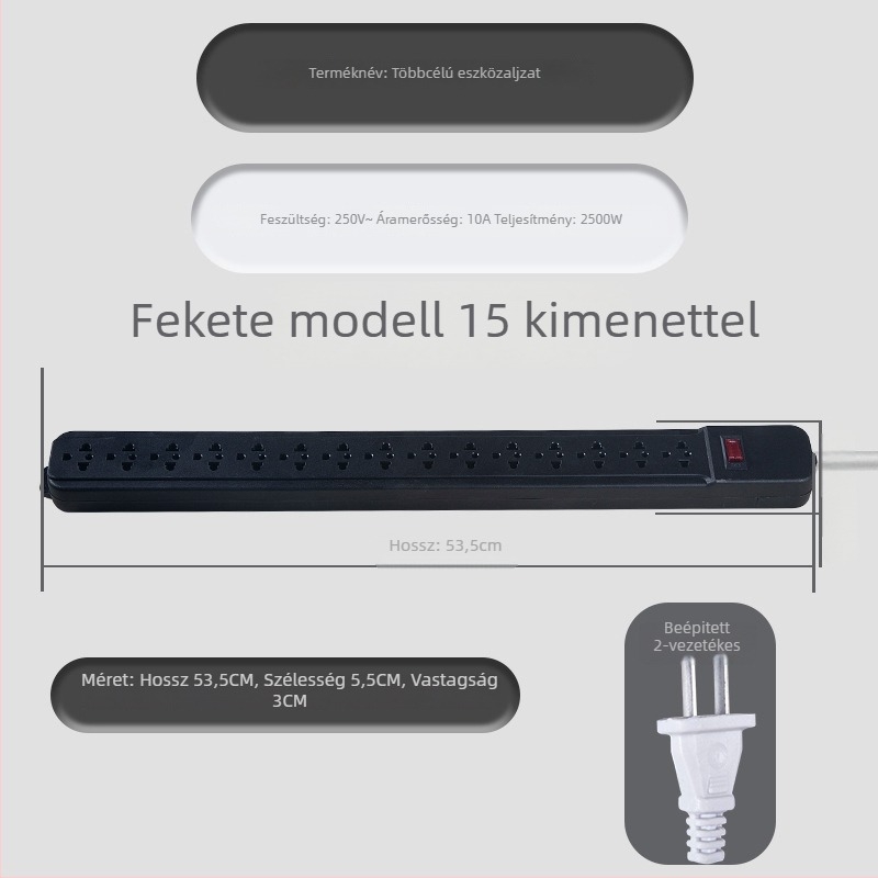 Vezetékes aljzat, 15/30 lyuk, 10A, 220–250V, 2500W, Yaqi