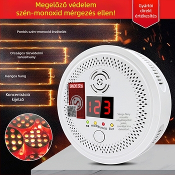 Rögzített szénmonoxid-érzékelő, modell 008, 360°-os érzékelés, 433 MHz-es vezeték nélküli, hang- és fényriasztás