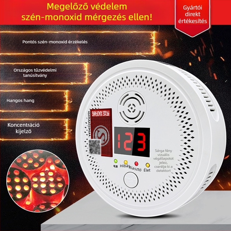 Rögzített szénmonoxid-érzékelő, modell 008, 360°-os érzékelés, 433 MHz-es vezeték nélküli, hang- és fényriasztás