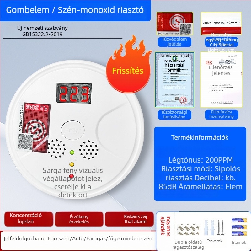 Rögzített szénmonoxid-érzékelő, modell 008, 360°-os érzékelés, 433 MHz-es vezeték nélküli, hang- és fényriasztás