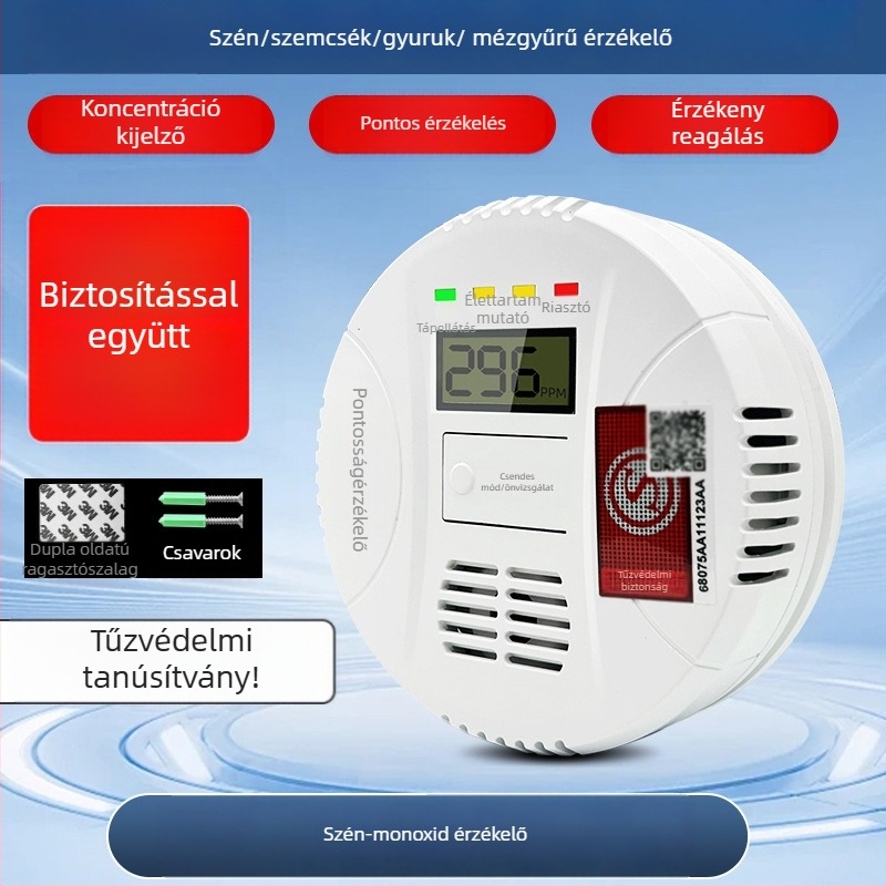Rögzített szénmonoxid-érzékelő, modell 008, 360°-os érzékelés, 433 MHz-es vezeték nélküli, hang- és fényriasztás