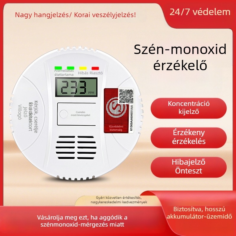 Rögzített szénmonoxid-érzékelő, modell 008, 360°-os érzékelés, 433 MHz-es vezeték nélküli, hang- és fényriasztás