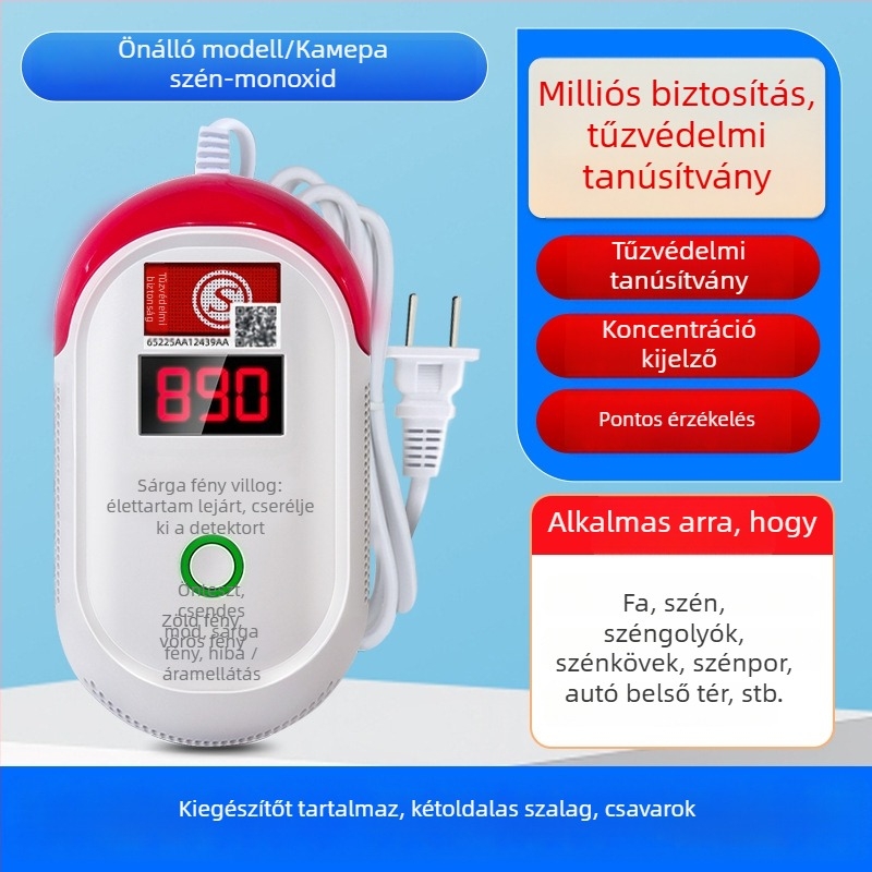 Rögzített szénmonoxid-érzékelő, modell 008, 360°-os érzékelés, 433 MHz-es vezeték nélküli, hang- és fényriasztás