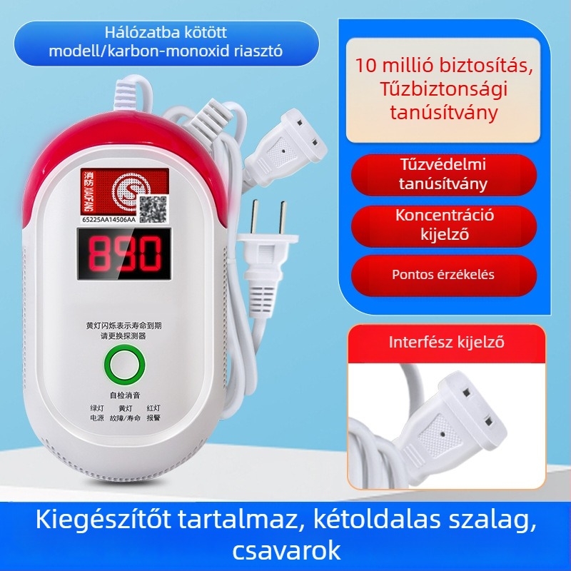 Rögzített szénmonoxid-érzékelő, modell 008, 360°-os érzékelés, 433 MHz-es vezeték nélküli, hang- és fényriasztás