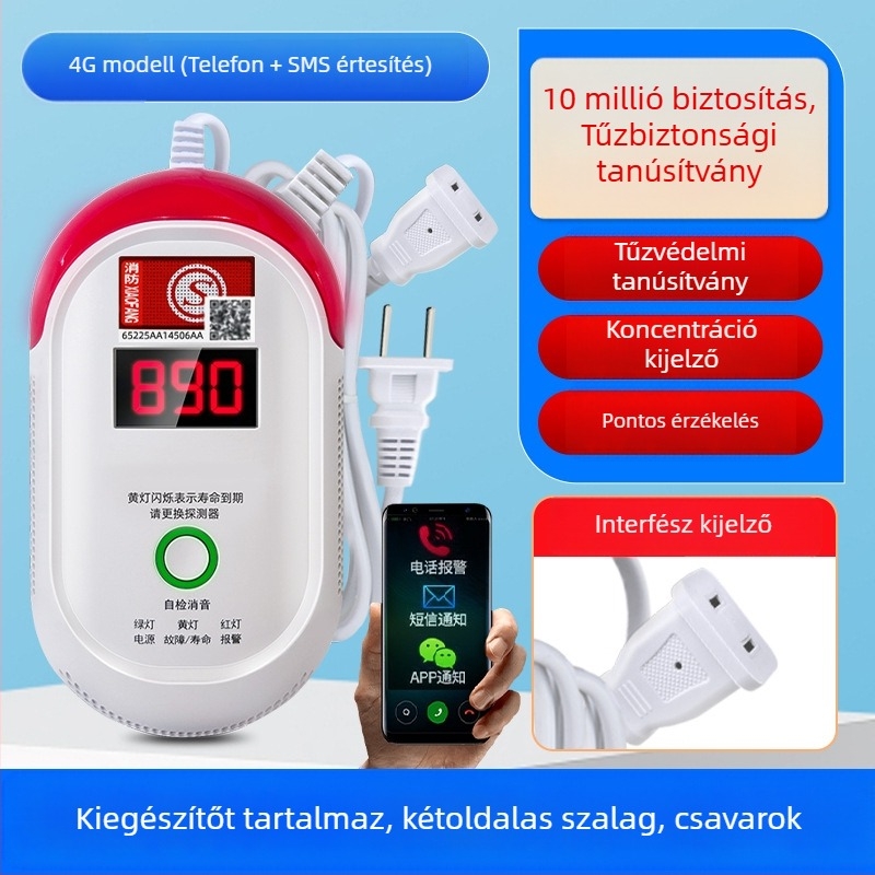 Rögzített szénmonoxid-érzékelő, modell 008, 360°-os érzékelés, 433 MHz-es vezeték nélküli, hang- és fényriasztás