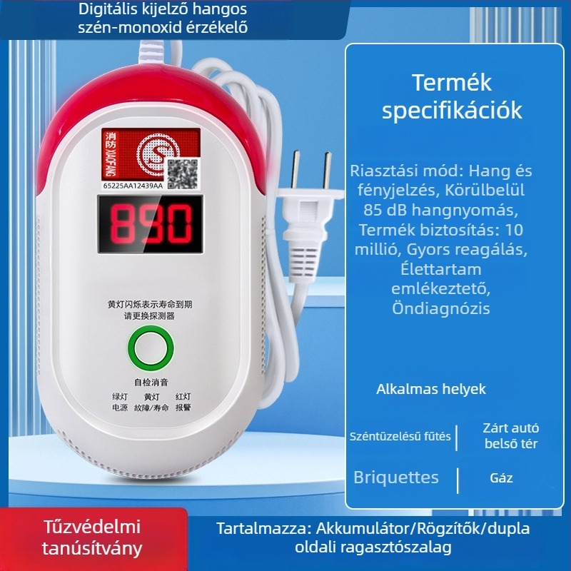 Rögzített szénmonoxid-érzékelő, modell 008, 360°-os érzékelés, 433 MHz-es vezeték nélküli, hang- és fényriasztás