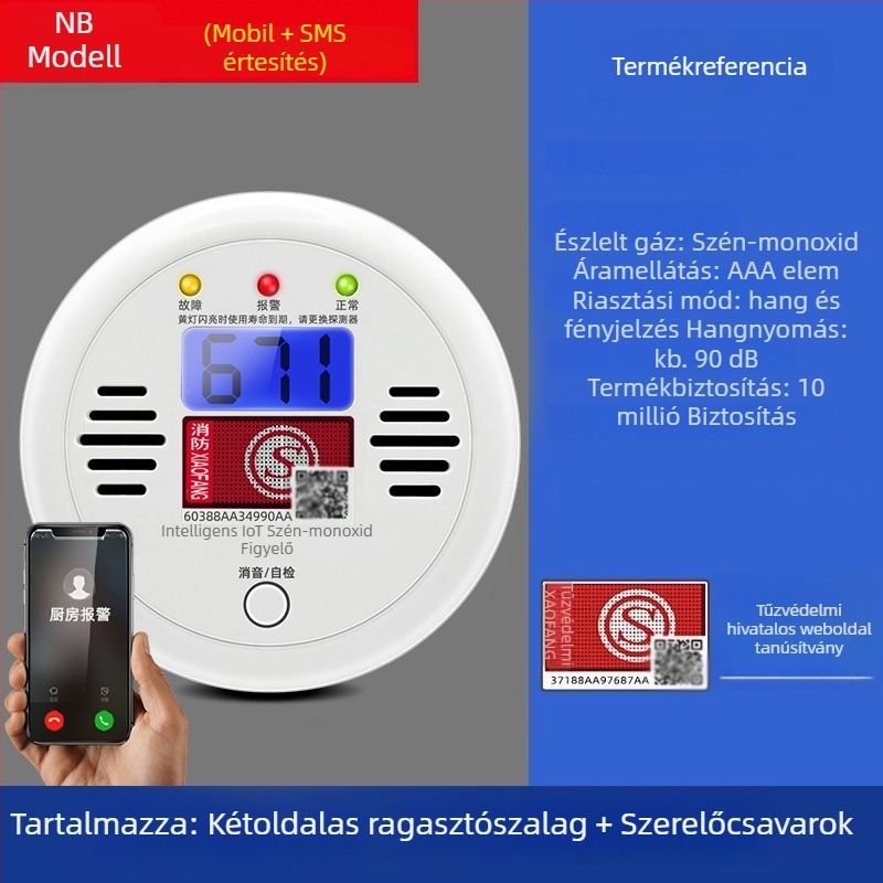 Rögzített szénmonoxid-érzékelő, modell 008, 360°-os érzékelés, 433 MHz-es vezeték nélküli, hang- és fényriasztás
