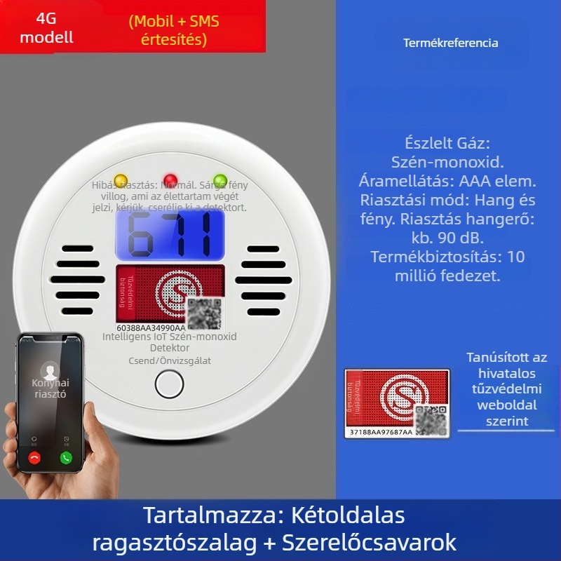 Rögzített szénmonoxid-érzékelő, modell 008, 360°-os érzékelés, 433 MHz-es vezeték nélküli, hang- és fényriasztás