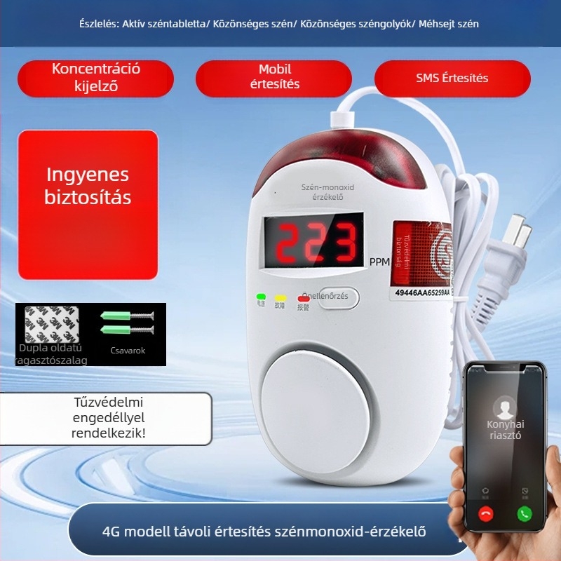 Rögzített szénmonoxid-érzékelő, modell 008, 360°-os érzékelés, 433 MHz-es vezeték nélküli, hang- és fényriasztás