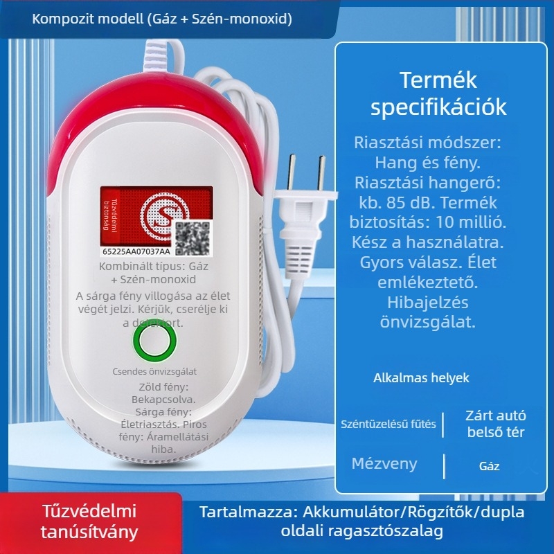Rögzített szénmonoxid-érzékelő, modell 008, 360°-os érzékelés, 433 MHz-es vezeték nélküli, hang- és fényriasztás
