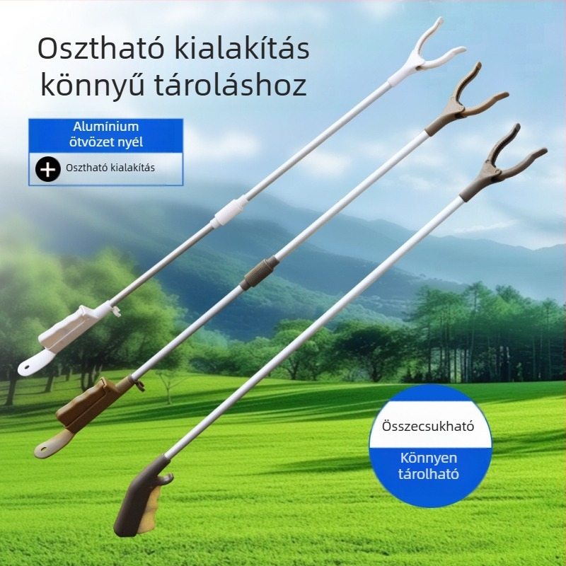 Hosszú nyeletű, többfunkciós cipőfelhúzó és hulladékklipsz eszköz (anyag: fém + műanyag; tömeg: 0,14 kg; forma: hulladékklipsz; nem testreszabható)