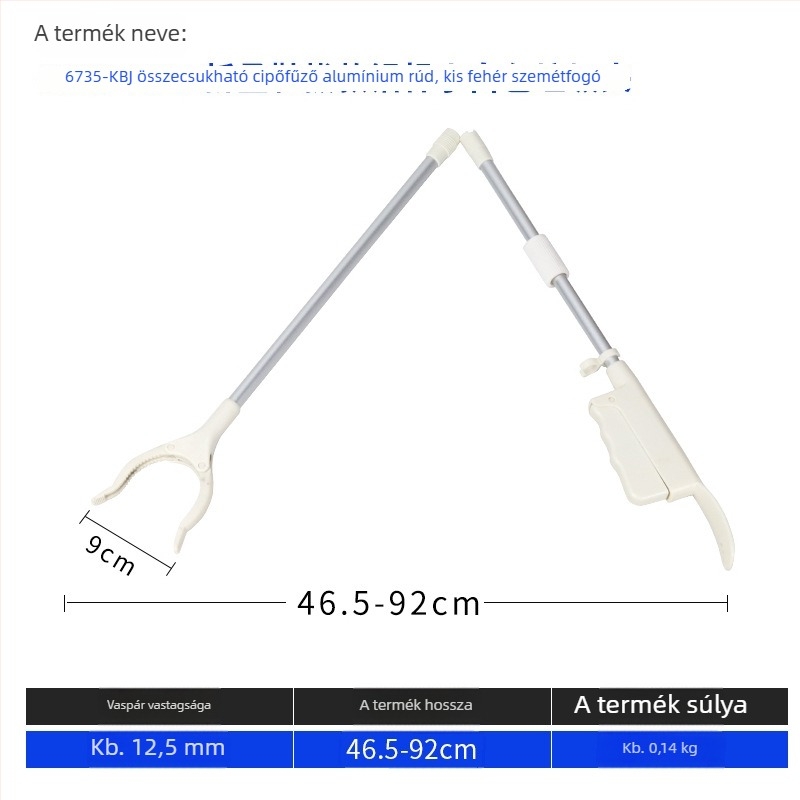 Hosszú nyeletű, többfunkciós cipőfelhúzó és hulladékklipsz eszköz (anyag: fém + műanyag; tömeg: 0,14 kg; forma: hulladékklipsz; nem testreszabható)