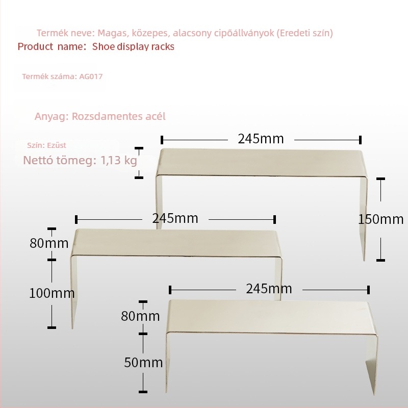 Rozsdamentes acél cipőállvány – bemutató polc, prémium minőség, engedélyezett magánmárkák, nyár 2020