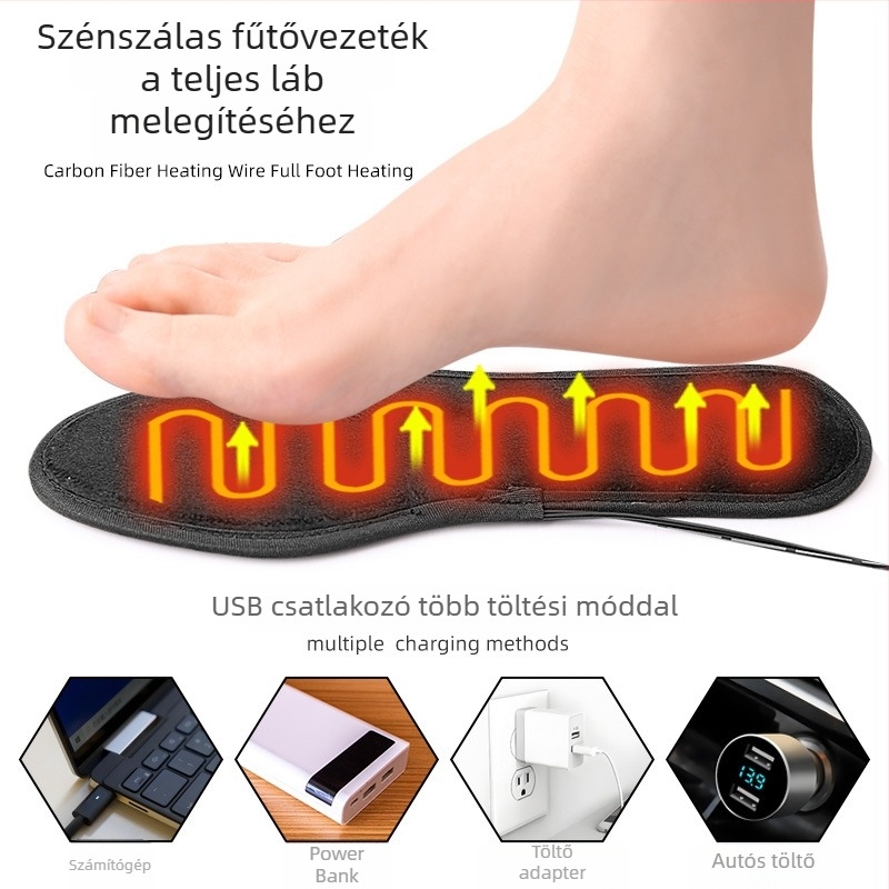Unisex USB-üzemeltetett melegítő talpbetét, teljes talp, 5-zónás fűtés, kristály bársony és szénszálas fűtődrót
