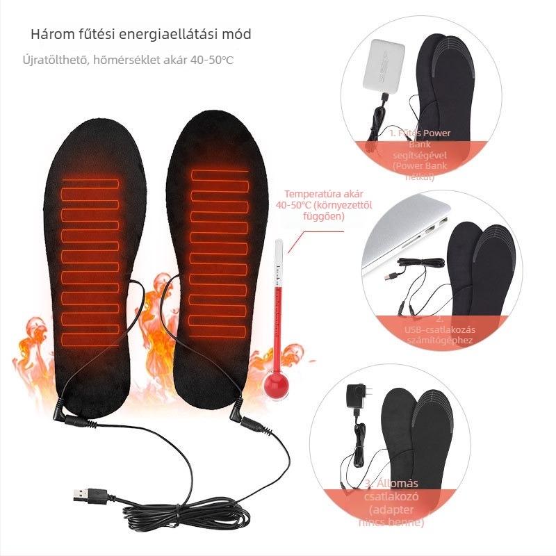 Elektromos fűtésű talpbetét USB táplálású, újratölthető, mosható, méretre szabható, teljes talpú