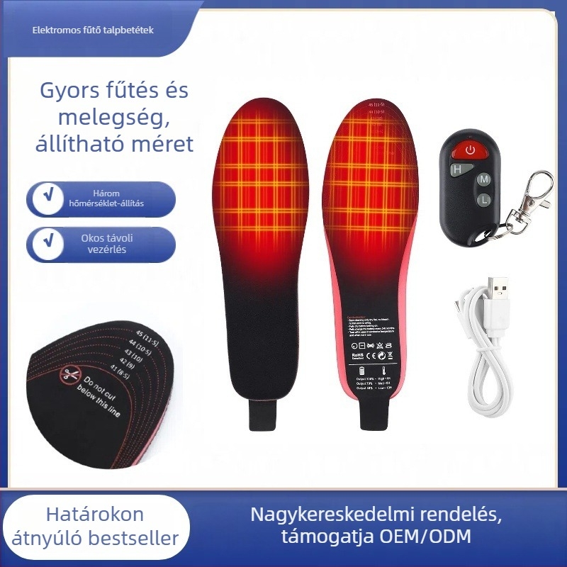 Elektromos melegítő talpbetét papucsokhoz, háromfokozatú hőmérsékletszabályozás, vágásra szabható, vezeték nélküli fűtés, USB töltés, lítium-ion akkumulátor