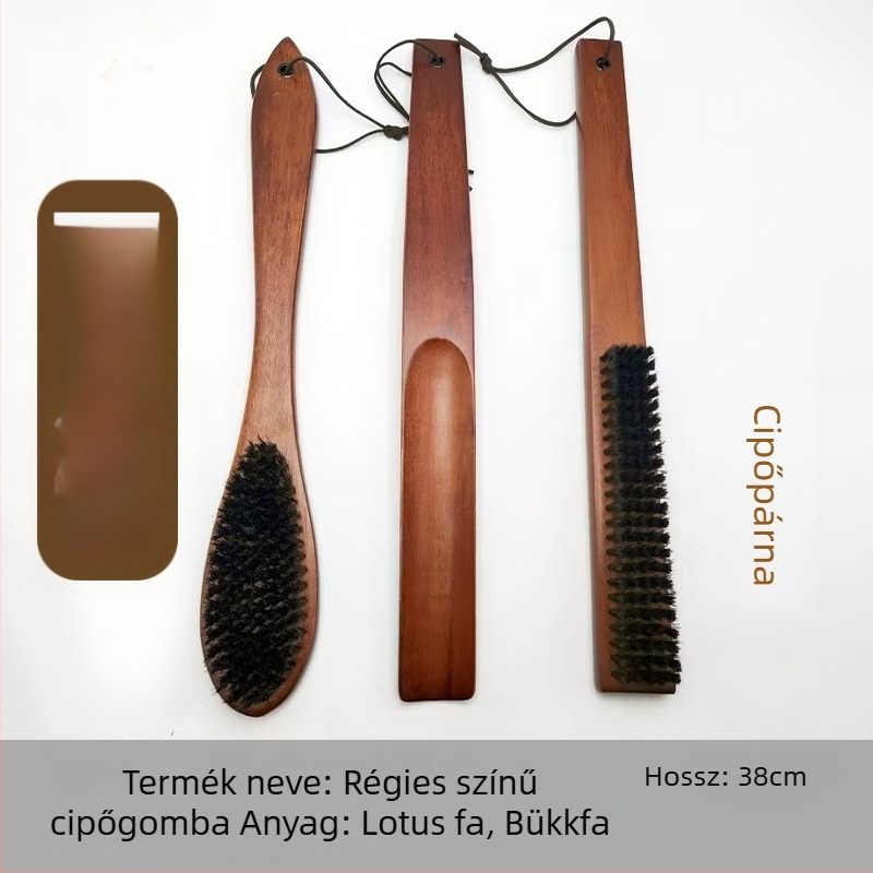 Hosszú fa fogantyújú cipőtisztító kefével, lotusfa és bükkfa anyagból, USHINE márka, Guilin eredetű, 50 db egy dobozban