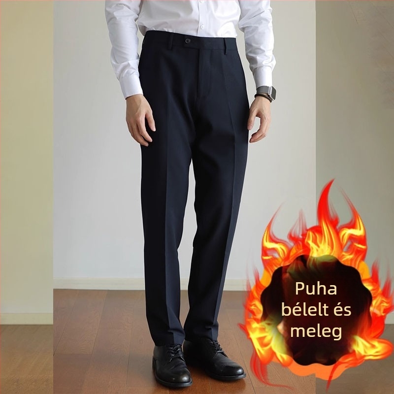 Férfi üzleti nadrág fleece béléssel, gyűrődésmentes, egyenes szár, rövid hosszúságú