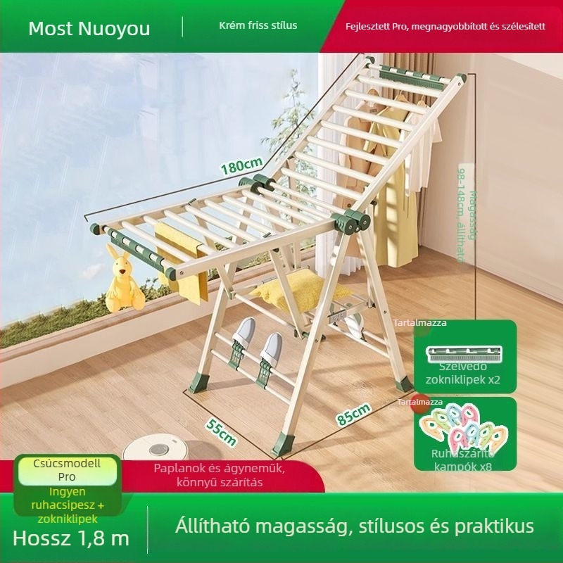 Szerelés nélküli összecsukható ruhaszárító állvány, padlóra álló, szénacélból, ruhákhoz, nadrágokhoz és nyakkendőkhöz