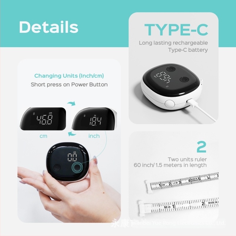 Intelligens Bluetooth derék kerület mérőszalag — automatikus visszahúzás, hordozható, 3D mérés, ABS anyag (Model 823, BYR-823, Mérési tartomány 150 cm)