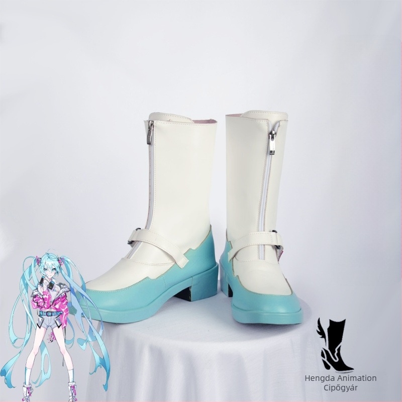 Cosplay cipő Miku számára, lapos orr, felsőrész: másodlagos marhabőr, fa talp, klínos sarok >8 cm, nőknek