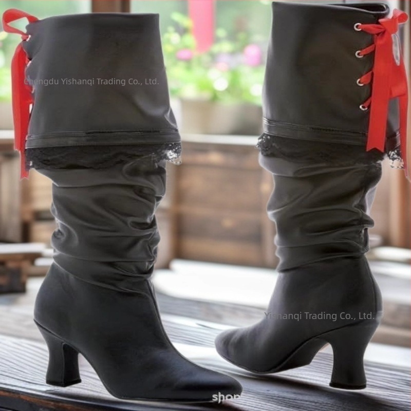 PU anyagú térdig érő csizma nőknek, hegyes orrú, vékony sarka 6-8 cm, velúr bélés