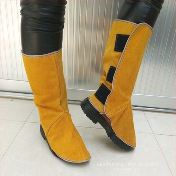 Két rétegű marhabőr hegesztő lábvédők, magas szárú, kopásálló, hőszigetelő, szikra elleni védelem