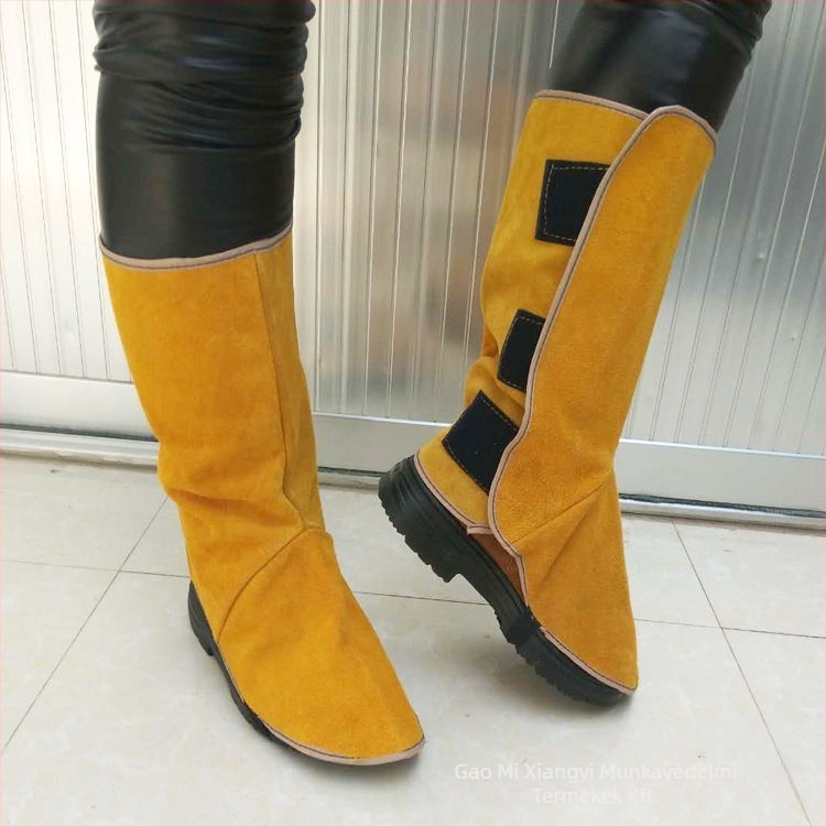 Két rétegű marhabőr hegesztő lábvédők, magas szárú, kopásálló, hőszigetelő, szikra elleni védelem