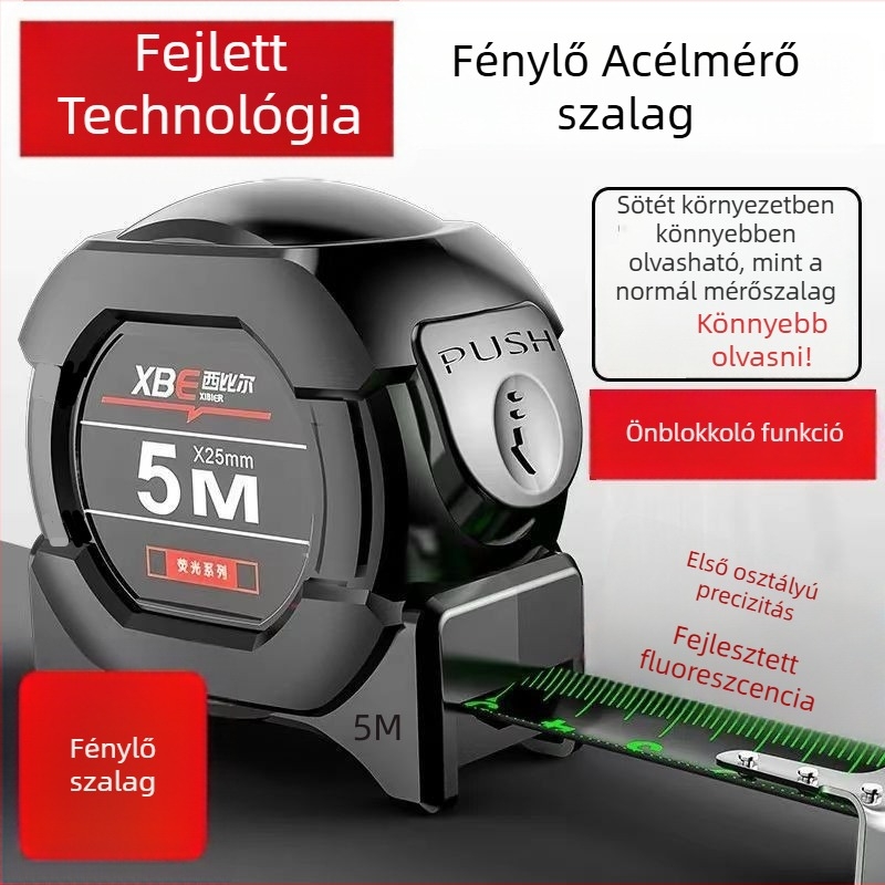 Fluoreszcens mérőszalag éjjellátóval, átlátszó szalag, műanyag–acél szerkezet, megvastagodott, nagy precizitás