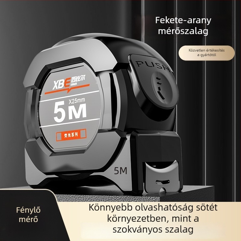 Fluoreszcens mérőszalag éjjellátóval, átlátszó szalag, műanyag–acél szerkezet, megvastagodott, nagy precizitás