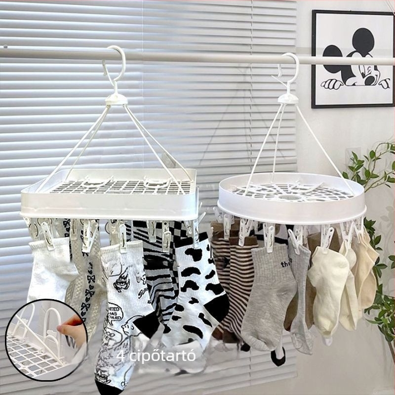 Padlón álló ruhaszárító állvány több csipeszzel, állítható és összecsukható, műanyagból