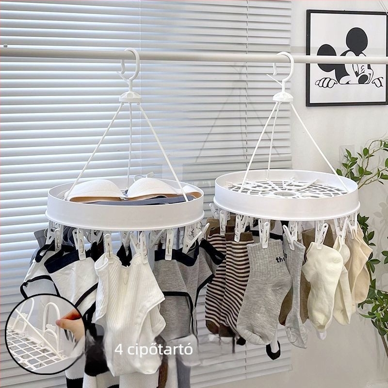 Padlón álló ruhaszárító állvány több csipeszzel, állítható és összecsukható, műanyagból