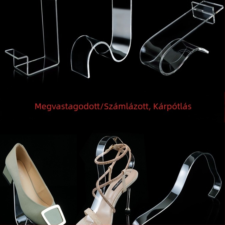 Átlátszó akril kijelző állvány középmagas és magas sarkú bőr cipők számára, rugalmas belső támaszokkal