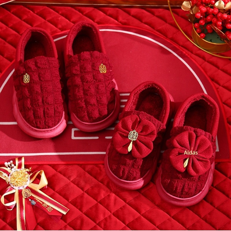 Esküvői papucs pár számára – vastag talp 1.5–3.5 cm, felső pamut, meleg, csúszásmentes, PVC talp