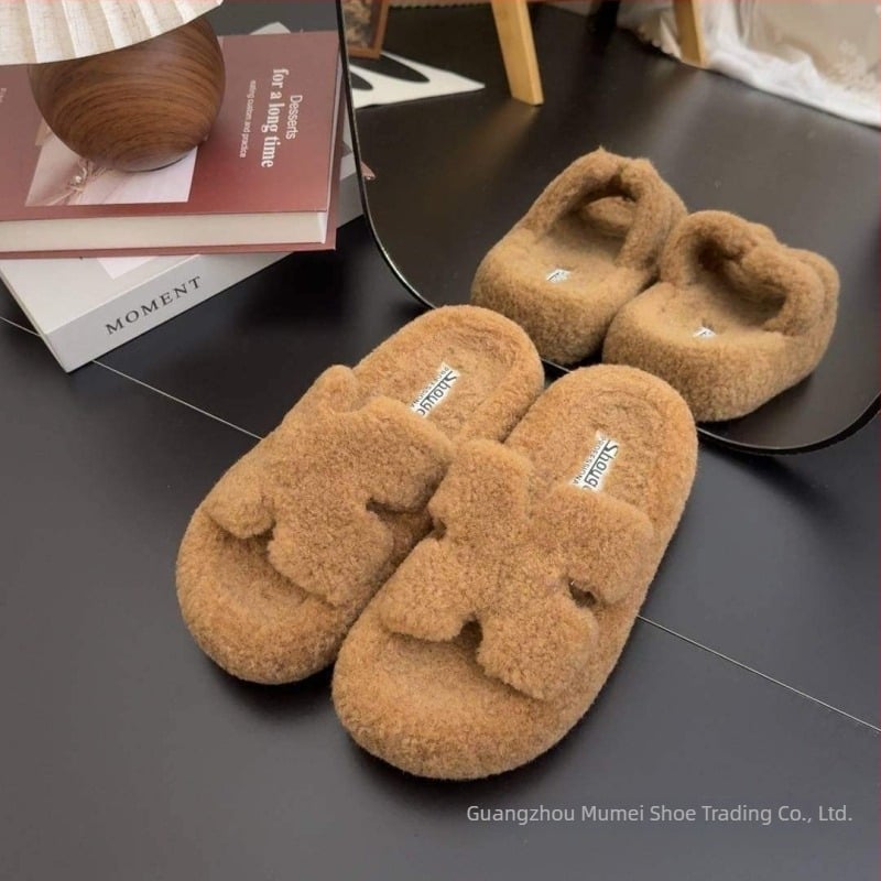 Női bundás papucs vastag gumitalppal, csúszásmentes, kültéri, koreai stílus, talp vastagsága 0–3 cm
